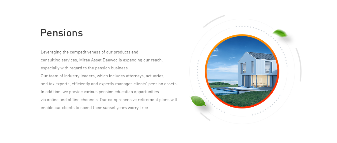 Pensions - Leveraging the competitiveness of our products and consulting services, Mirae Asset Daewoo is expanding our reach, especially with regard to the pension business. Our team of industry leaders, which includes attorneys, actuaries, and tax experts, efficiently and expertly manages clients pension assets. In addition, we provide various pension education opportunities via online and offline channels. Our comprehensive retirement plans will enable our clients to spend their sunset years worry-free.