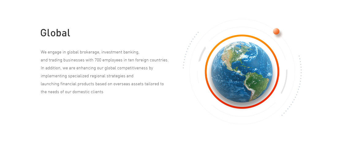 Global - We engage in global brokerage, investment banking, and trading businesses with 700 employees in ten foreign countries. In addition, we are enhancing our global competitiveness by implementing specialized regional strategies and launching financial products based on overseas assets tailored to the needs of our domestic clients